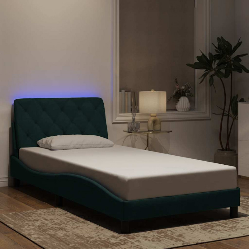Rama łóżka z LED bez materaca, ciemnozielona, 100x200 cm, aksamitna