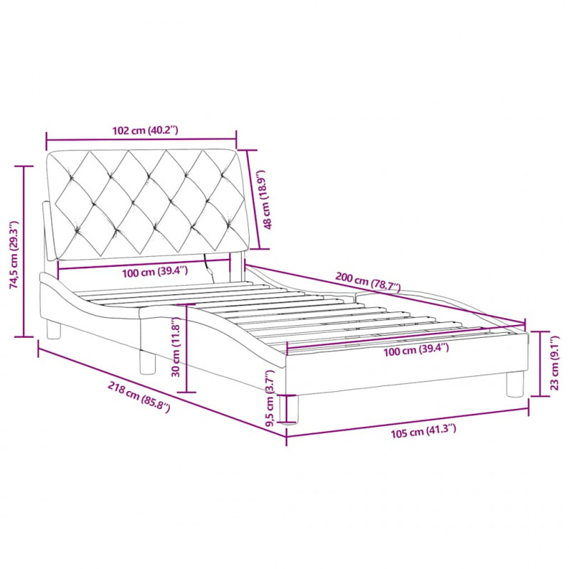 Rama łóżka z LED bez materaca, ciemnozielona, 100x200 cm, aksamitna