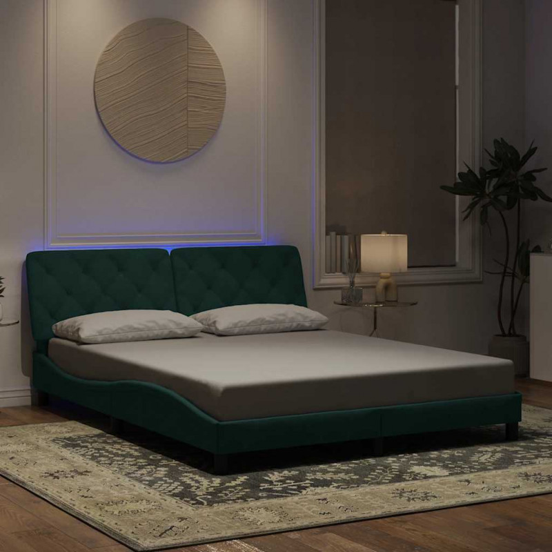 Rama łóżka z LED bez materaca, ciemnozielona, 160x200 cm, aksamitna