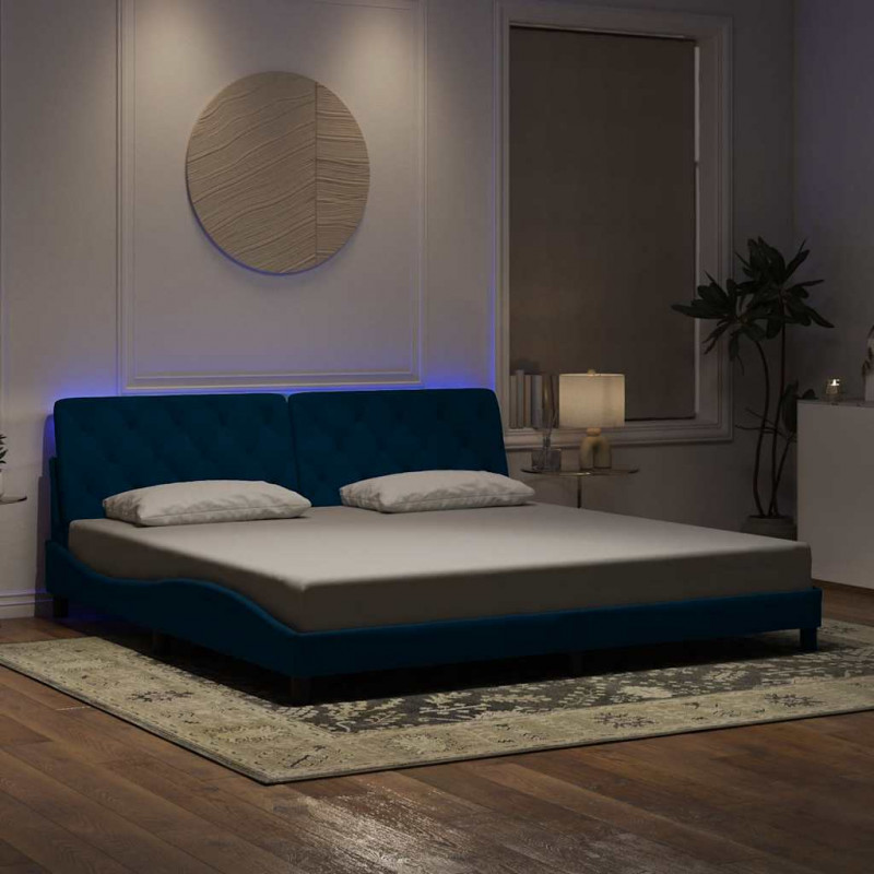 Rama łóżka z LED bez materaca, niebieska, 200x200 cm, aksamitna