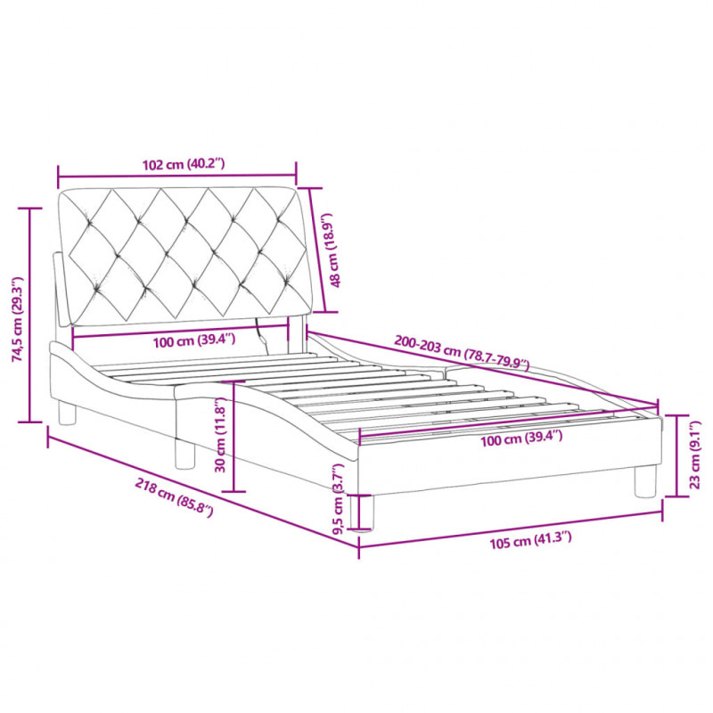 Rama łóżka z LED bez materaca, ciemnoszara, 100x203 cm, aksamit
