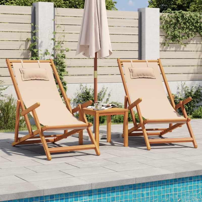 Składane krzesła plażowe, 2 szt., beżowe, tkanina i lite drewno