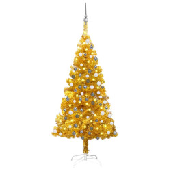 Sztuczna choinka z lampkami i bombkami, złota, 120 cm, PET
