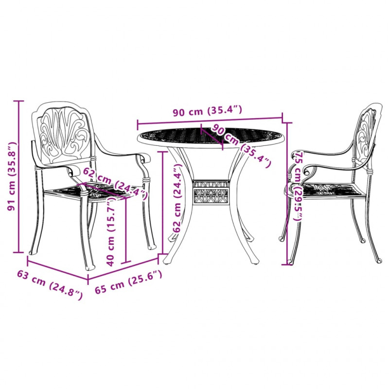 3-częściowy zestaw mebli bistro, zielony, odlewane aluminium