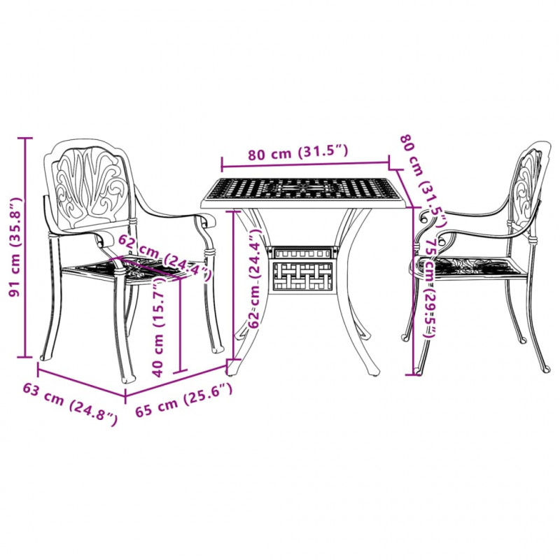 3-częściowy zestaw mebli bistro, zielony, odlewane aluminium