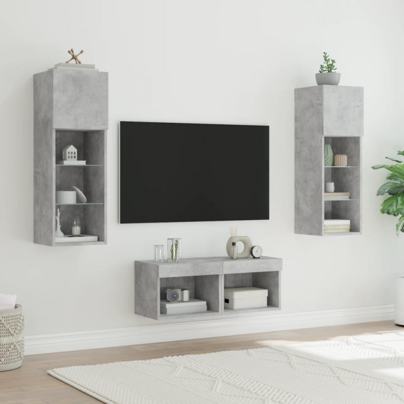 4-cz. zestaw mebli TV z oświetleniem LED, szarość betonu