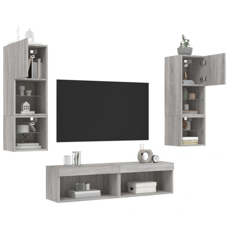 6-częściowy zestaw mebli TV z LED, szary dąb sonoma