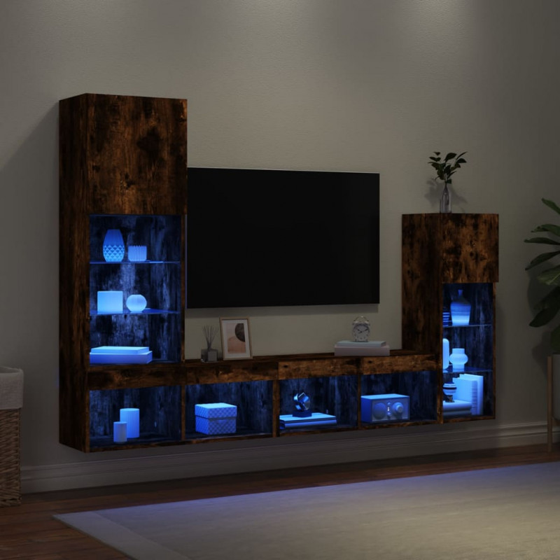 4-częściowy zestaw mebli TV z LED, przydymiony dąb