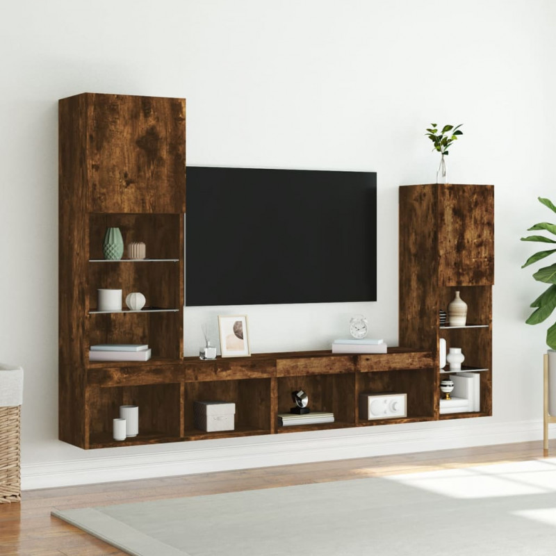 4-częściowy zestaw mebli TV z LED, przydymiony dąb