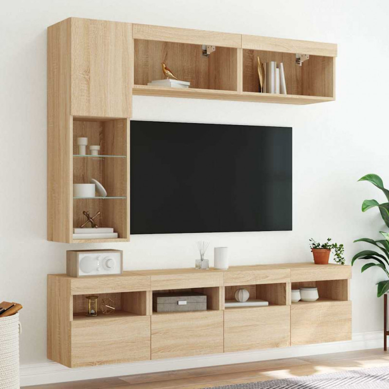 7-cz. zestaw ściennych szafek TV z oświetleniem LED, dąb sonoma