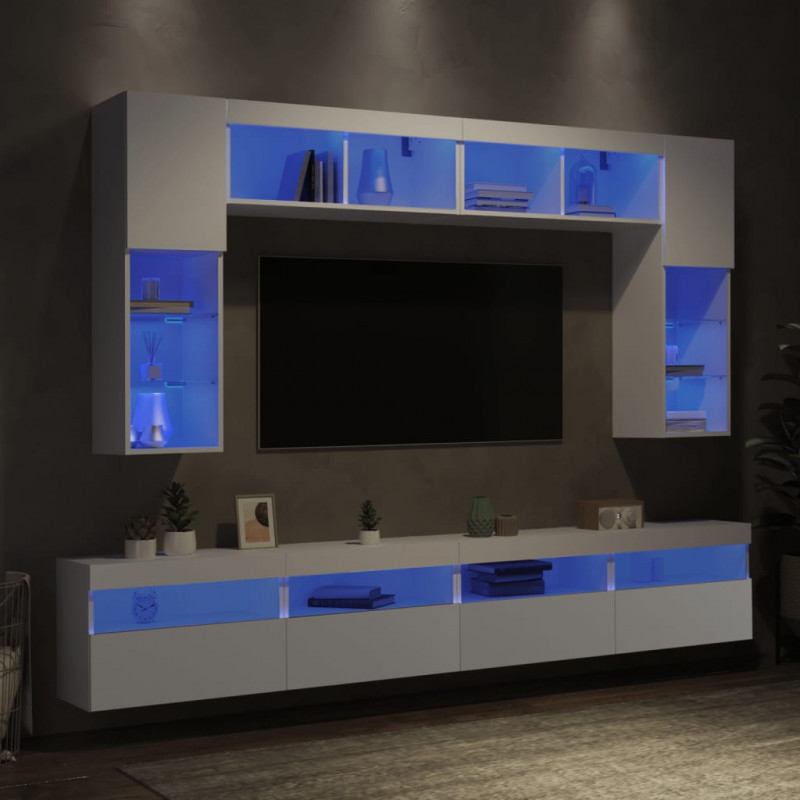 8-cz. zestaw ściennych szafek TV z oświetleniem LED, biały
