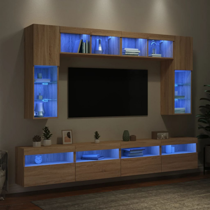 8-cz. zestaw ściennych szafek TV z oświetleniem LED, dąb sonoma
