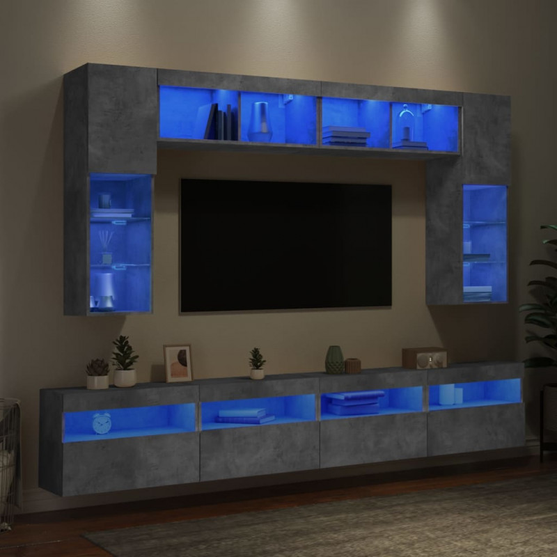 8-cz. zestaw ściennych szafek TV z LED, szarość betonu