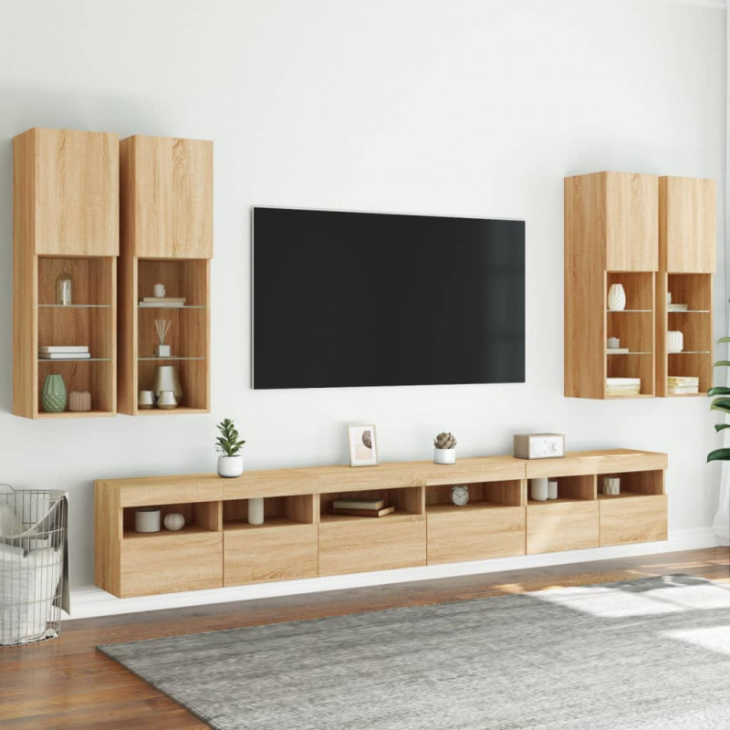 7-cz. zestaw ściennych szafek TV z oświetleniem LED, dąb sonoma