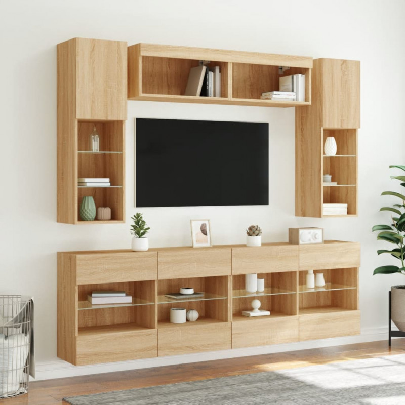 6-cz. zestaw ściennych szafek TV z oświetleniem LED, dąb sonoma