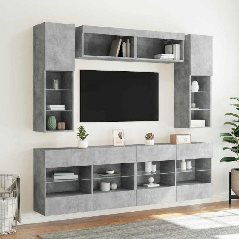 6-cz. zestaw ściennych szafek TV z LED, szarość betonu