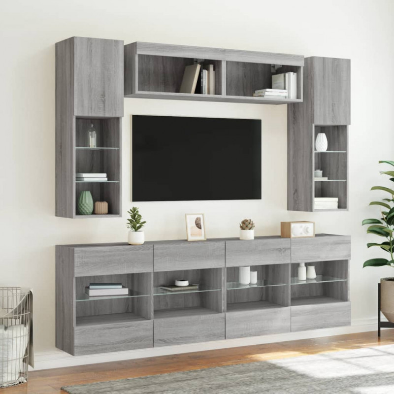 6-cz. zestaw ściennych szafek TV z LED, szary dąb sonoma