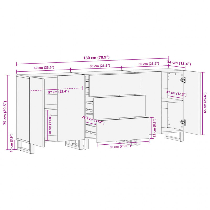 Szafki, 3 szt., 60x34x75 cm, lite surowe drewno mango