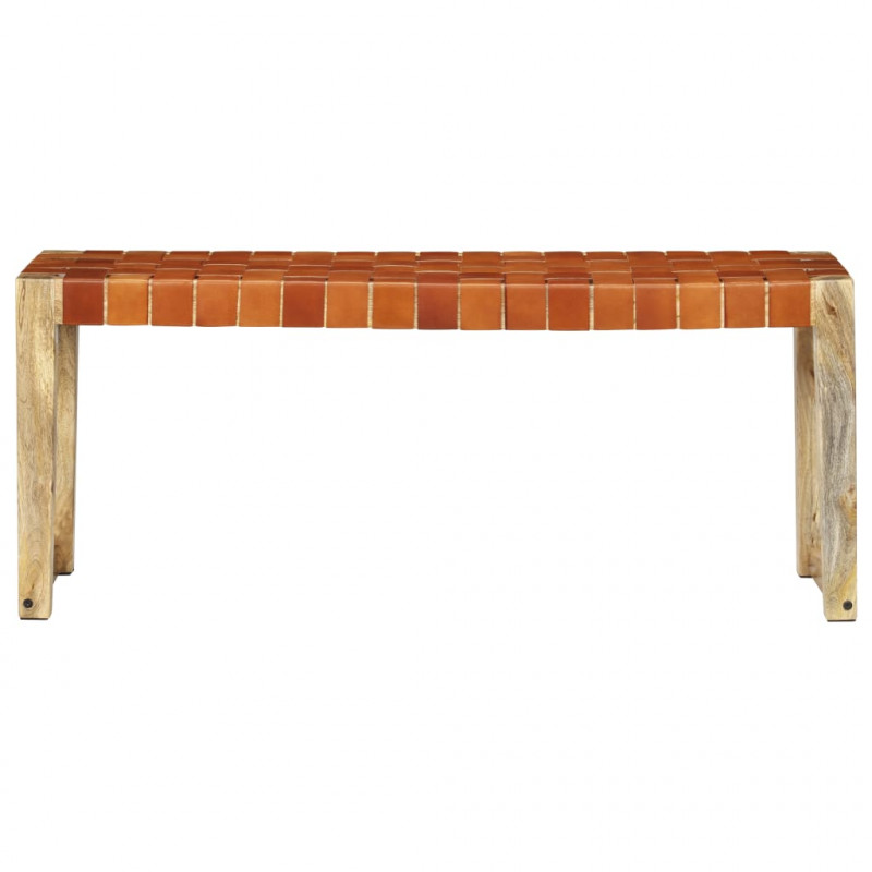 Ławka, 110 cm, brązowa skóra naturalna i lite drewno mango