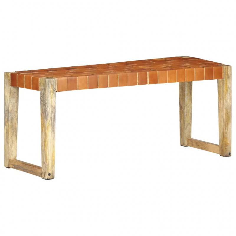 Ławka, 110 cm, brązowa skóra naturalna i lite drewno mango