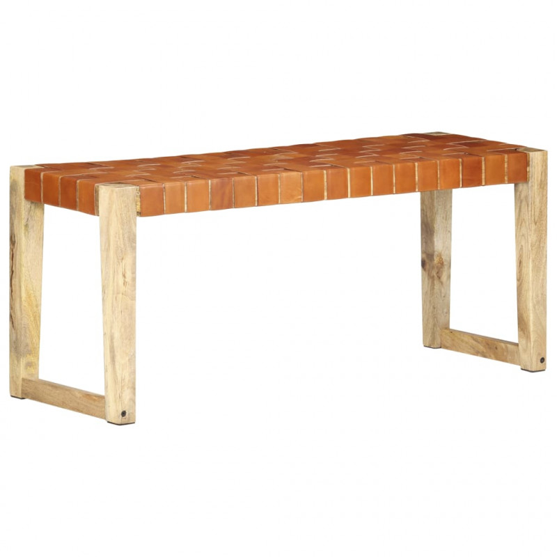 Ławka, 110 cm, brązowa skóra naturalna i lite drewno mango