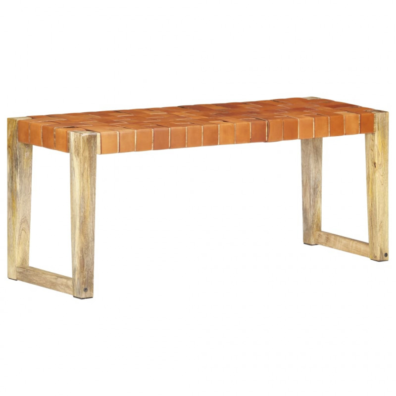 Ławka, 110 cm, brązowa skóra naturalna i lite drewno mango