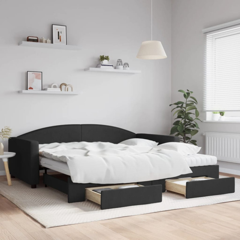 Sofa rozsuwana z szufladami, czarna, 100x200 cm, tkanina