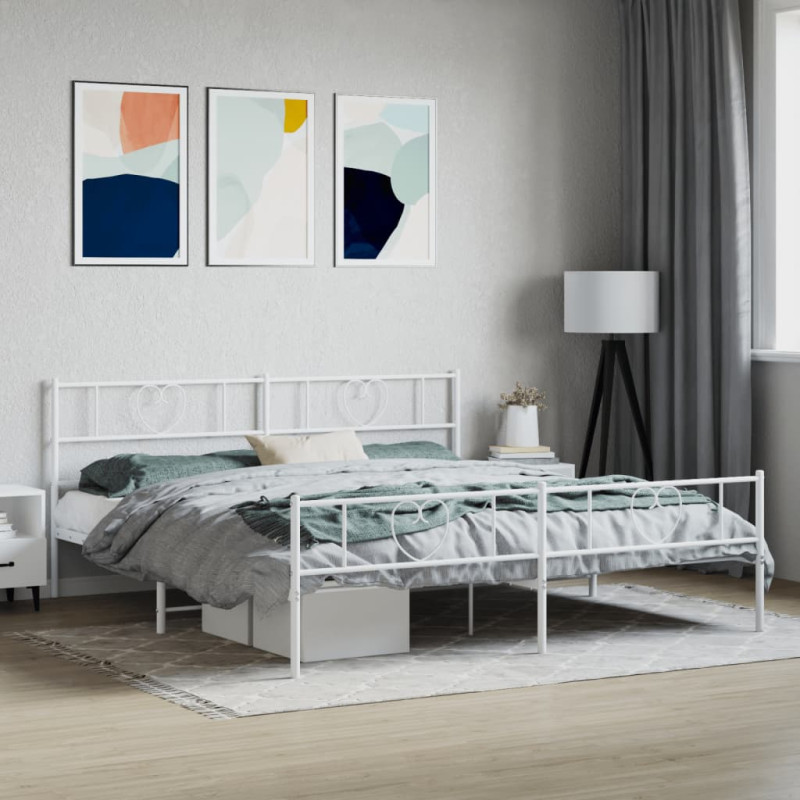 Metalowa rama łóżka z wezgłowiem i zanóżkiem, biała, 180x200 cm