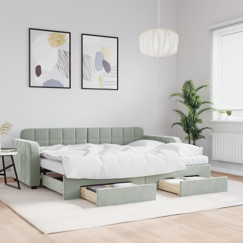Sofa rozsuwana z szufladami, jasnoszara, 80x200 cm, aksamit
