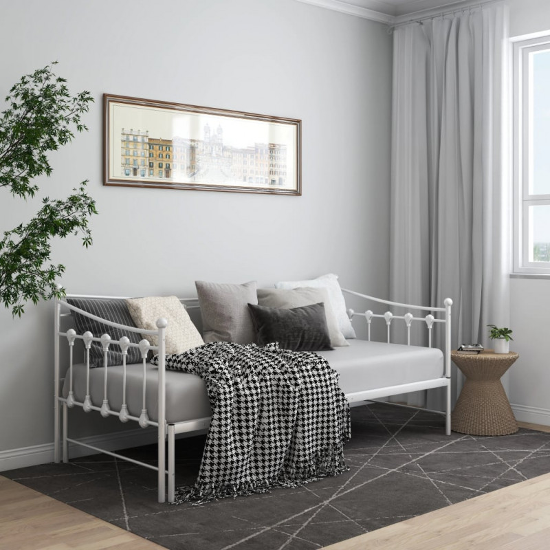 Sofa z wysuwaną ramą łóżka, biała, metalowa, 90x200 cm