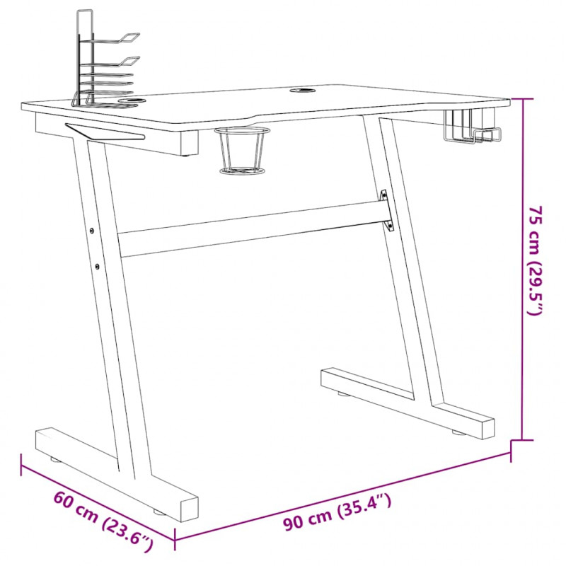 Biurko gamingowe z LED, nogi w kształcie Z, czarne, 90x60x75 cm