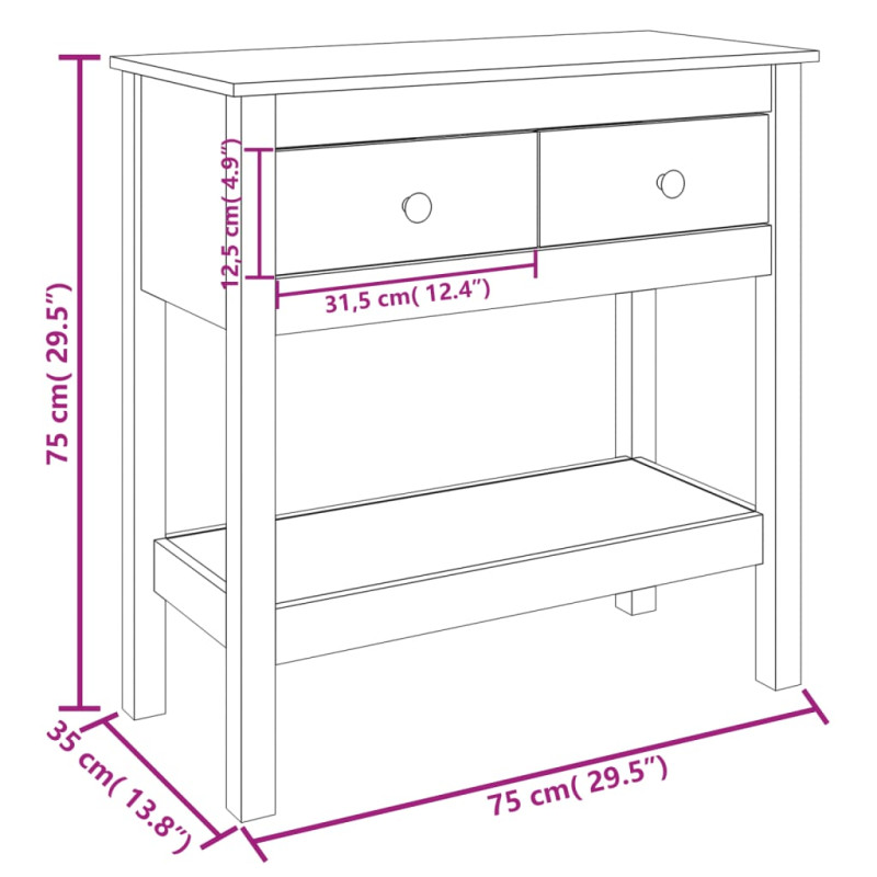 Stolik konsolowy, 75x35x75 cm, lite drewno sosnowe