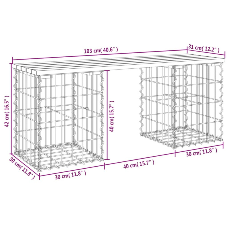 Ławka ogrodowa, gabion, 103x31x42 cm, lite drewno sosnowe