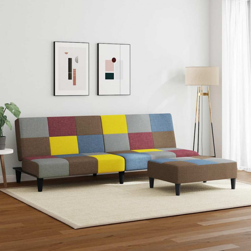 2-osobowa kanapa rozkładana z podnóżkiem, patchwork, tkanina