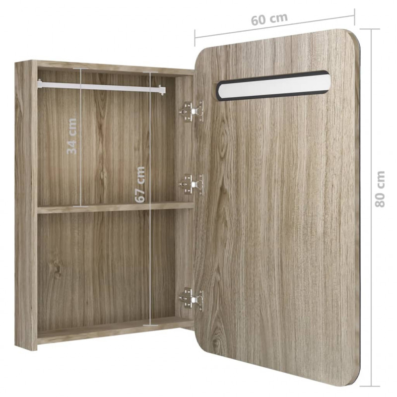 Szafka łazienkowa z lustrem i LED, kolor dębu, 60 x 11 x 80 cm