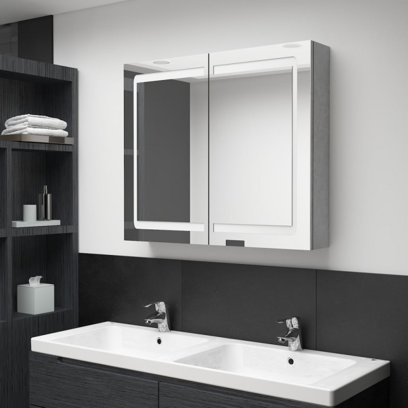 Szafka łazienkowa z lustrem i LED, szarość betonu, 80x12x68 cm