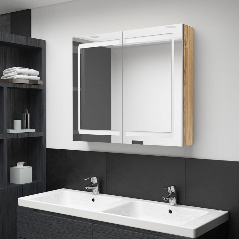 Szafka łazienkowa z lustrem i LED, biel i dąb, 80x12x68 cm