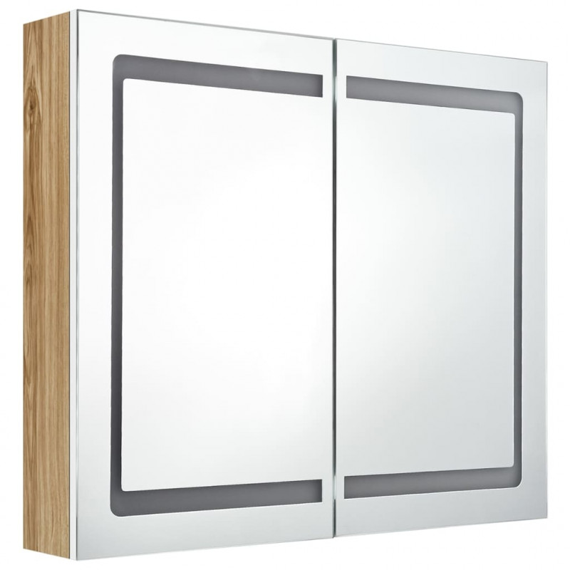 Szafka łazienkowa z lustrem i LED, biel i dąb, 80x12x68 cm