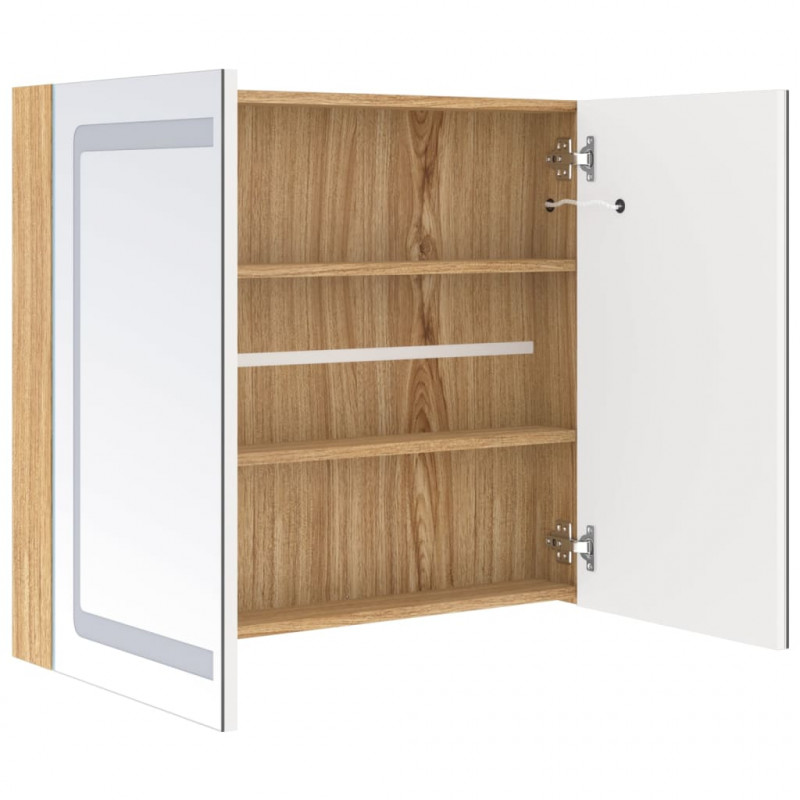 Szafka łazienkowa z lustrem i LED, biel i dąb, 80x12x68 cm