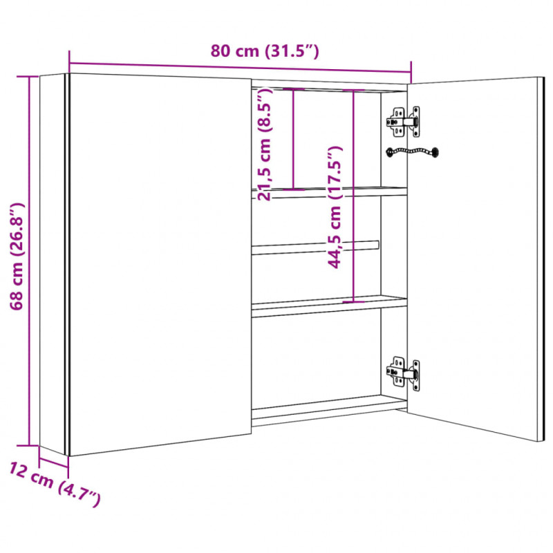 Szafka łazienkowa z lustrem i LED, biel i dąb, 80x12x68 cm