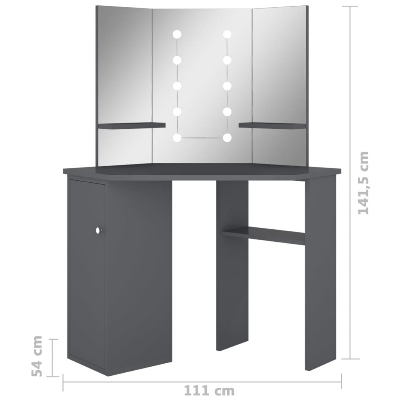 Toaletka narożna z oświetleniem LED, szara, 111 x 54 x 141,5 cm