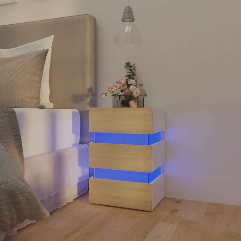 Szafka nocna z LED, biel i dąb sonoma, 45x35x67 cm