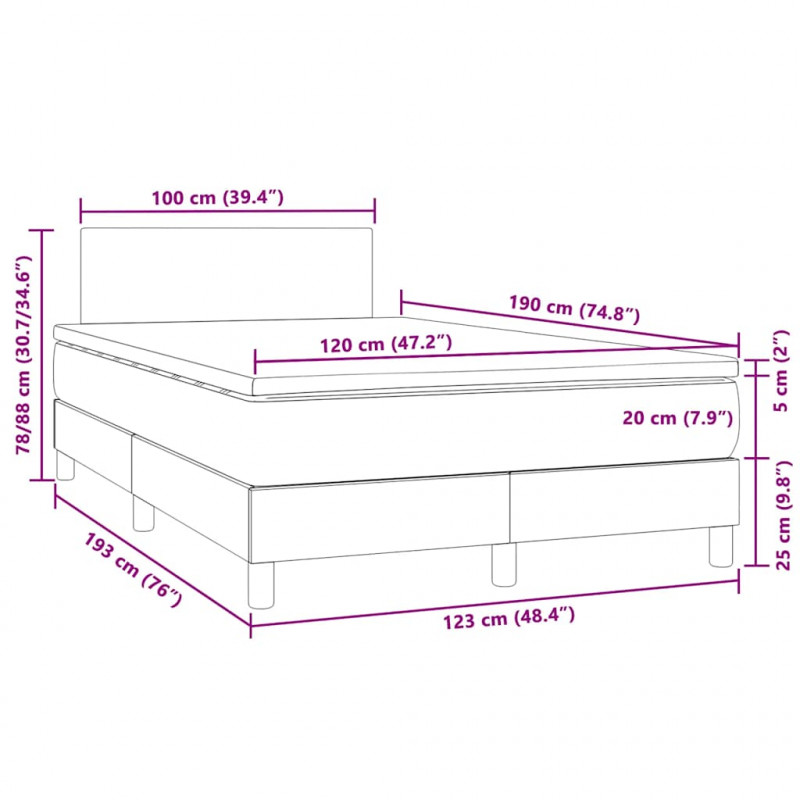 Łóżko kontynentalne z materacem i LED, granatowe, 120x190 cm