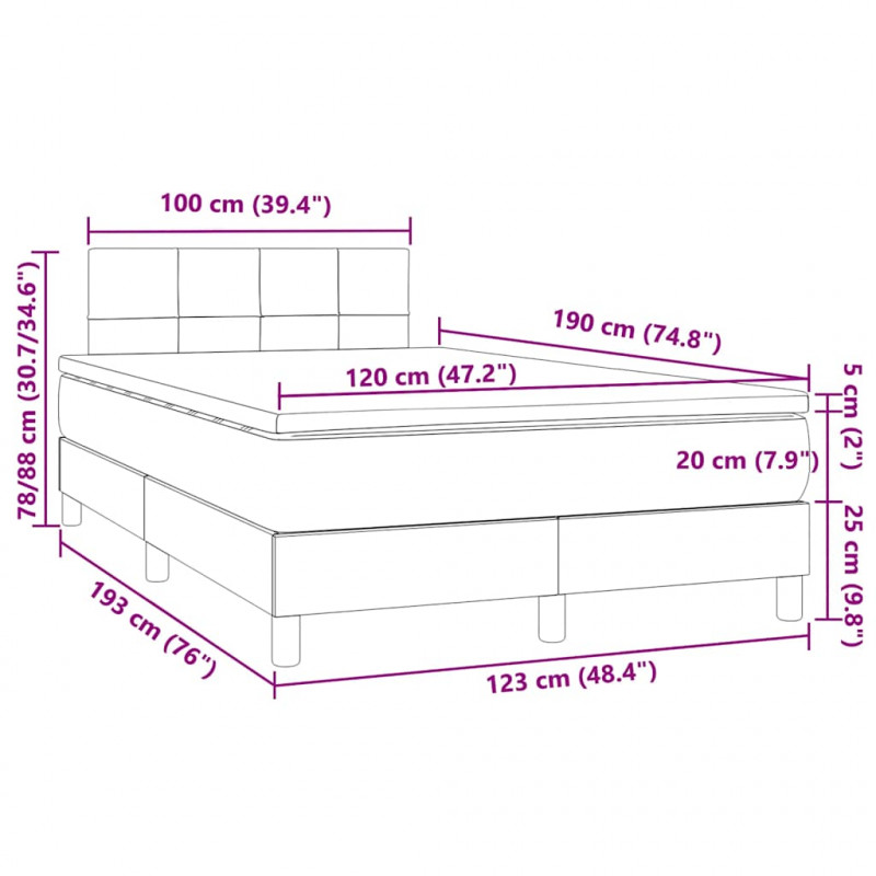Łóżko kontynentalne z materacem i LED, jasnoszare, 120x190 cm