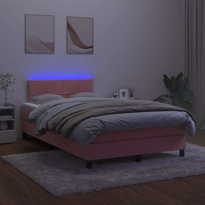 Łóżko kontynentalne z materacem i LED, róż, 120x190 cm, aksamit