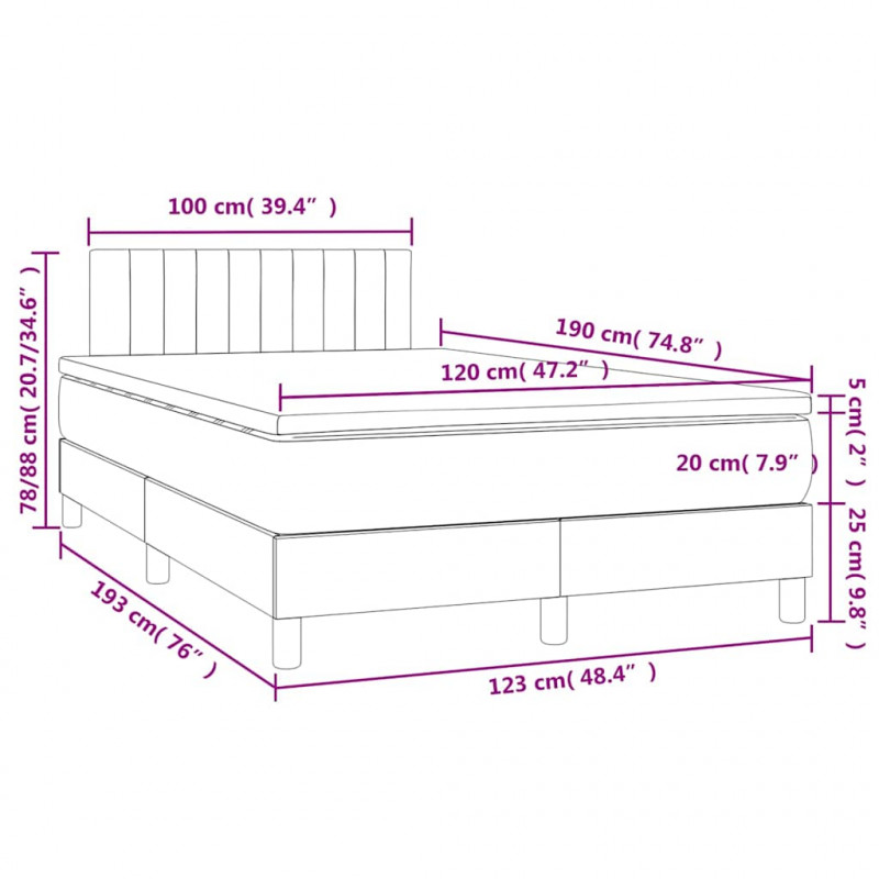 Łóżko kontynentalne z materacem i LED, jasnoszare, 120x190 cm