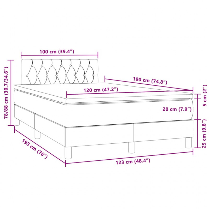 Łóżko kontynentalne z materacem i LED, granatowe, 120x190 cm