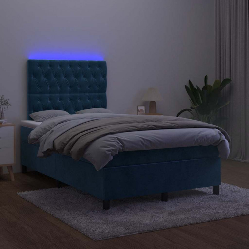 Łóżko kontynentalne z materacem i LED, granatowe, 120x190 cm