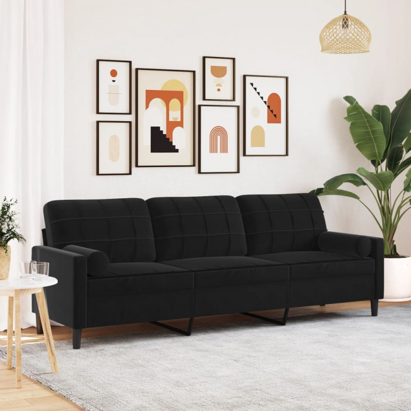 3-osobowa sofa z poduszkami, czarna, 210 cm, aksamit