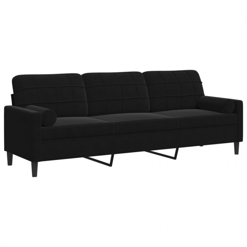 3-osobowa sofa z poduszkami, czarna, 210 cm, aksamit